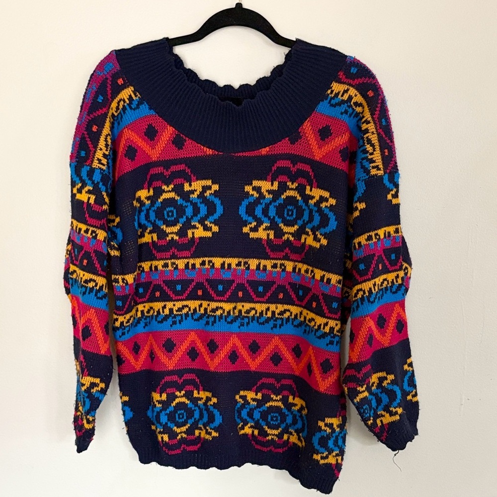 Vintage Croquet Club colorful scalloped hem sweater large